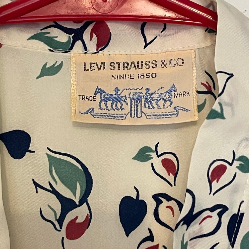 VTG Levi Strauss & Co Polyester Blouse Top W Tie Leaf Pattern Retro 70s 80s - Picture 2 of 9